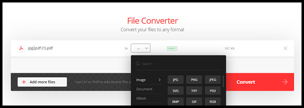 Choose JPG from the menu